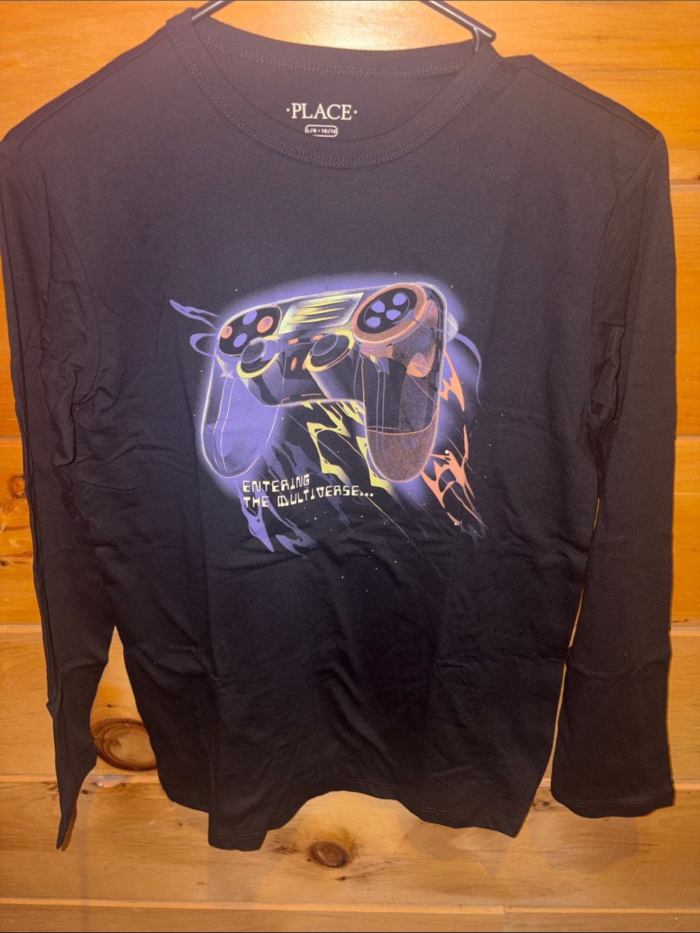 Place Black Long Sleeve Tee with Neon Gamer Controller Graphic